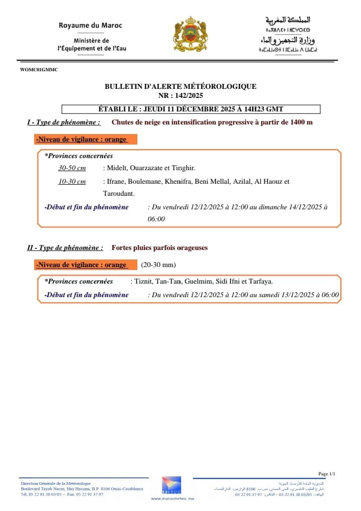 تنغير: نشرة إنذارية من المستوى البرتقالي..والسلطات المحلية تدعو إلى الحيطة والحذر